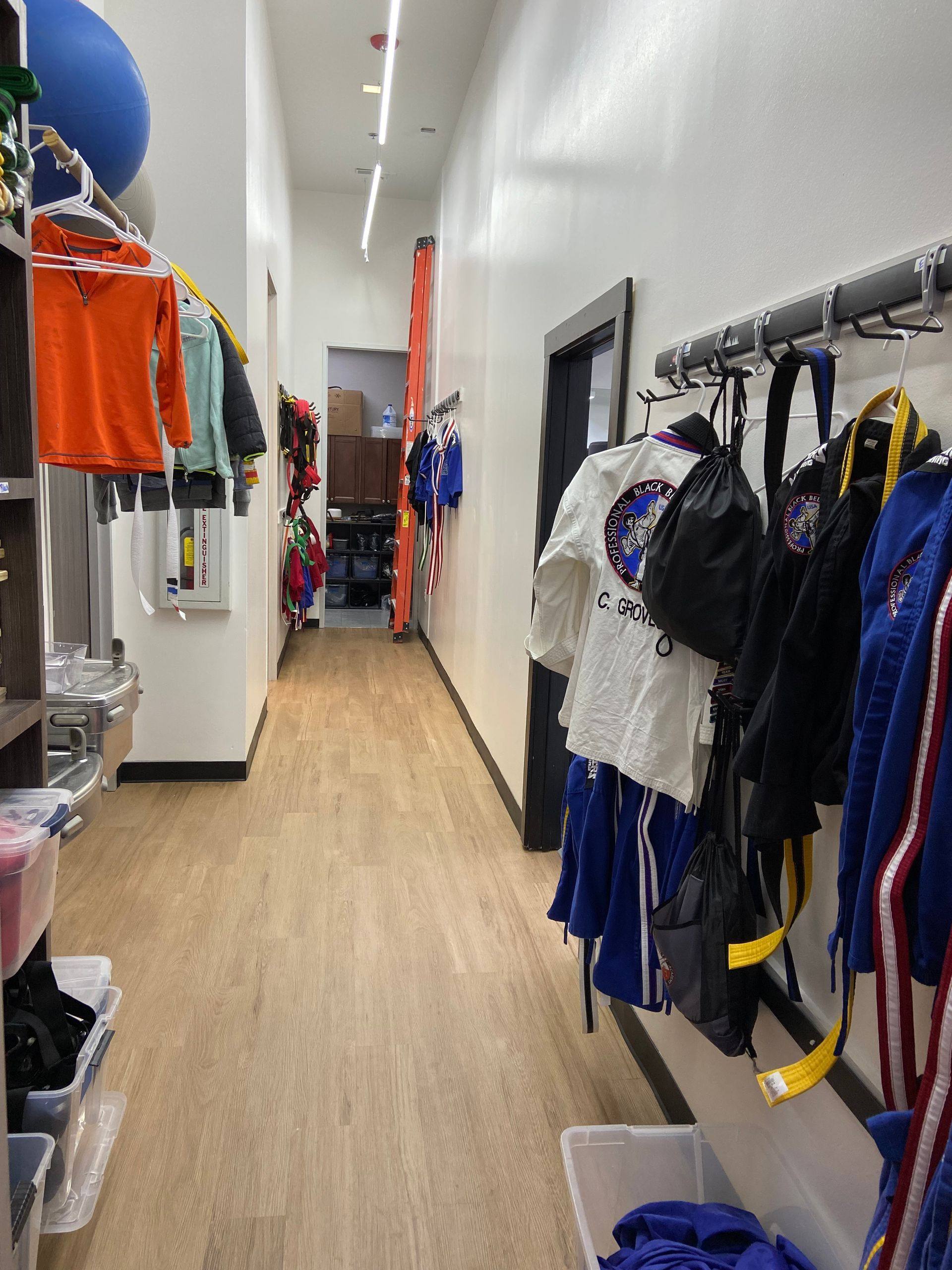 After: the finished back hallway storage at Professional Black Belt Academy in Prosper, TX