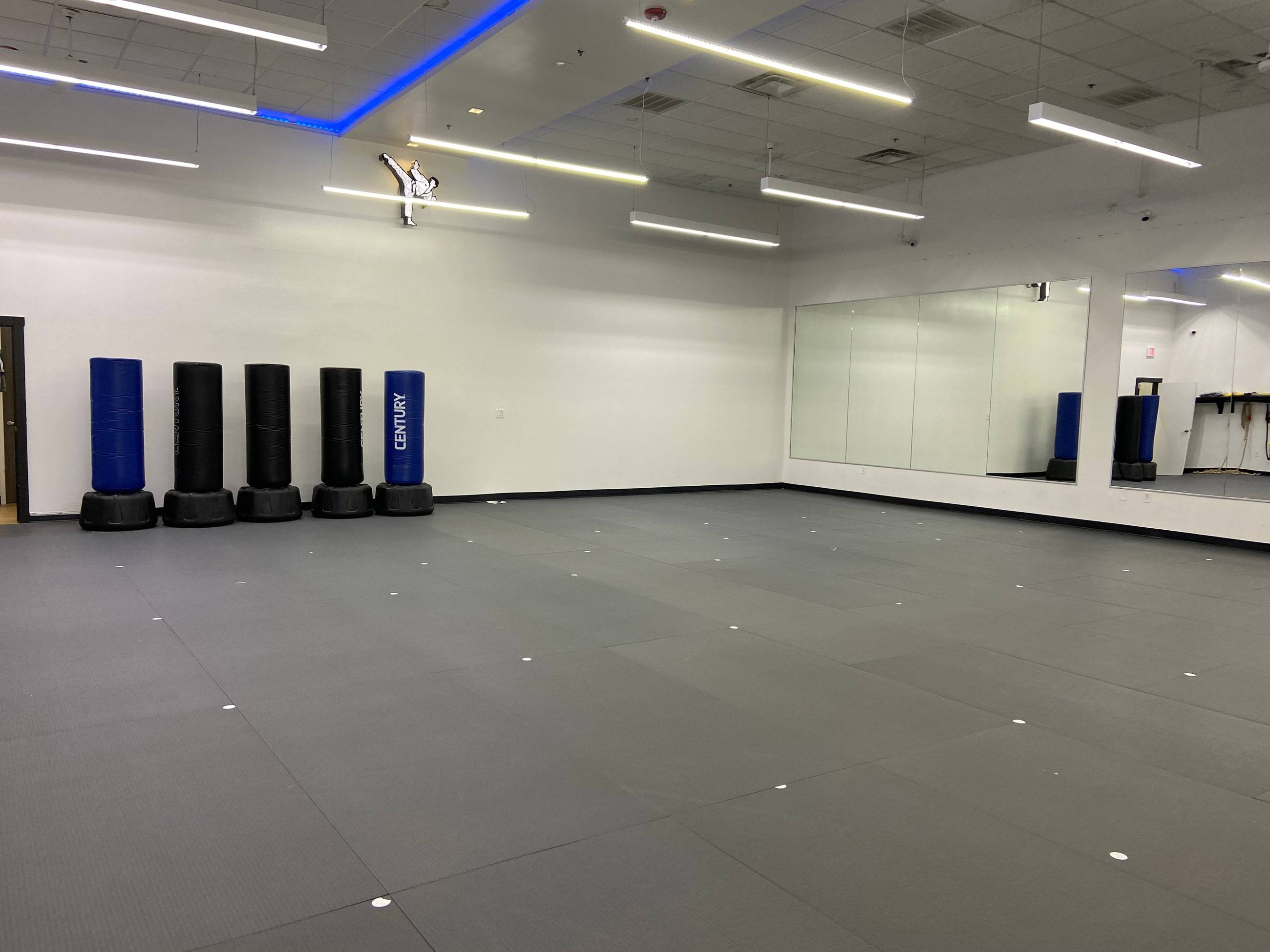 Refreshed training floor with heavy bag line and mirrored wall at Professional Black Belt Academy in Prosper, TX